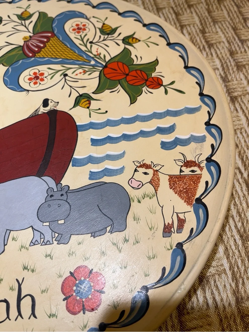 Rita Sharpe 1998 Noah’s Ark Swedish Folk Art Hand Painted Wood Plate 14”